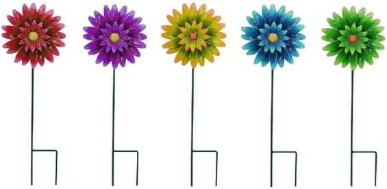 Metal Flower Wind Spinner Garden Lawn Stakes Yard Art, 27inch Lawn Windmill Ornaments Outside Garden Decorations Outdoor for Yard, 5pieces Windmill Gardening Porch Outdoor Summer Decor