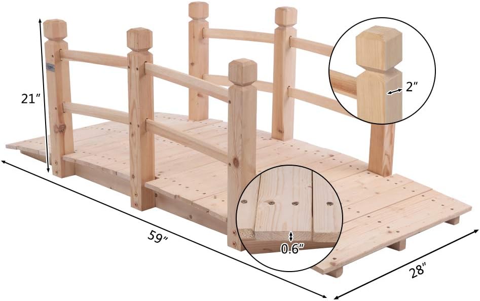 VINGLI 5 ft Garden Bridge, Classic Wooden Arch with Safety Rails Natural Finished Footbridge, Decorative Pond Landscaping, Backyard Creek or Farm