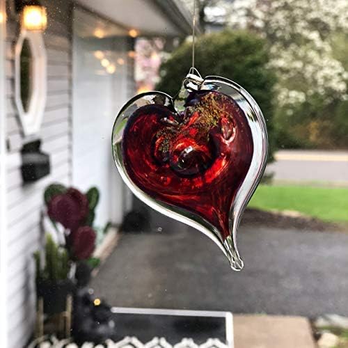 Luke Adams Glass Hanging Hearts – Hand Blown Glass Heart Ornament for Windows or Gifts – Colorful Blown Glass Hearts Decor (January - Garnet)