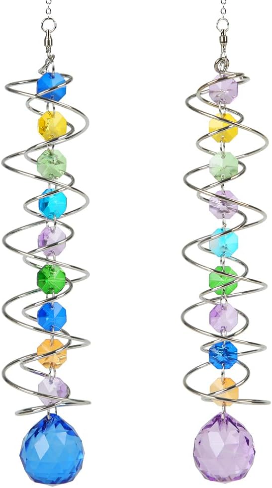 Sun Catchers, 2pcs Gazing Ball Spiral Tail Wind Spinners Crystal Suncatcher Prism Hanging Crystals Rainbow Maker for Windows Indoor Outdoor Garden Car Decorations Christmas Party Gifts for Girls Women