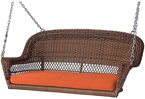 Pemberly Row Honey Wicker Porch Swing with Orange Cushion