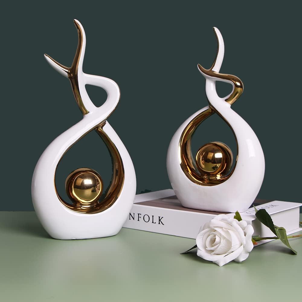 Norrclp Home Decor Modern Abstract Art Ceramic Statue Table Decorations for Dining Room Living Room Office Centerpiece (White and Gold, Large)