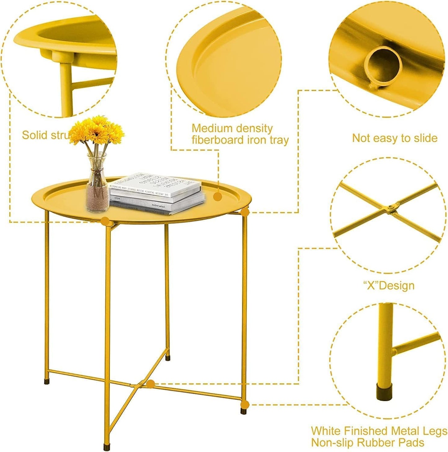 Garden 4 you Small Side Table, Round End Table, Outdoor Side Table with Metal Frame, Bedside Table for Living Room, Bedroom, Patio, Small Space, Yellow