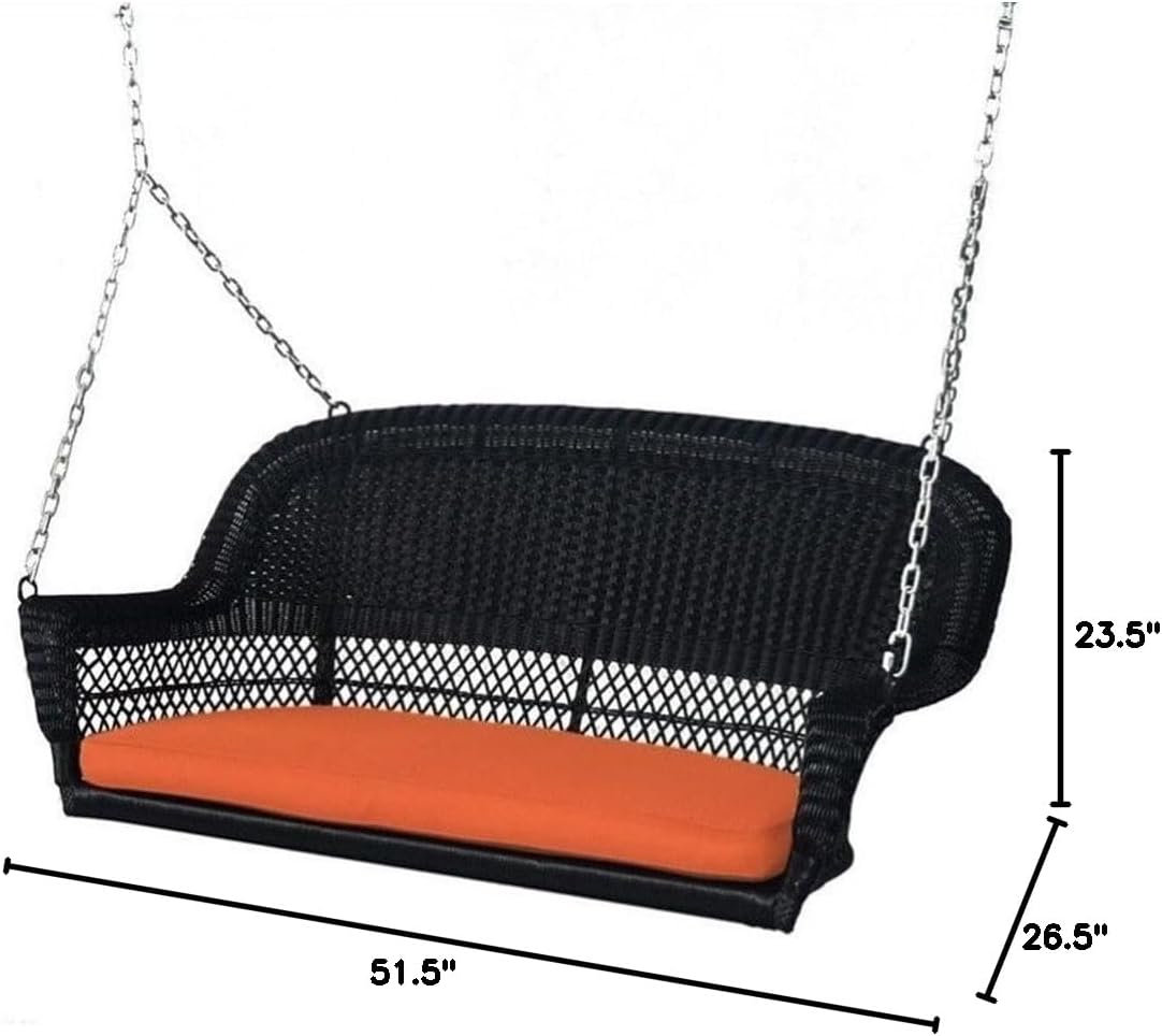 Pemberly Row Wicker Porch Swing in Black with Orange Cushion