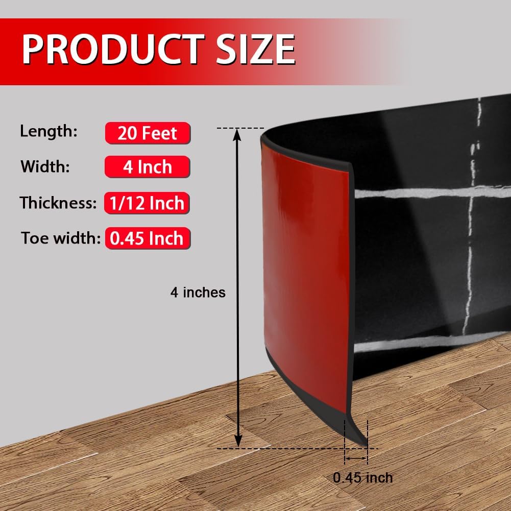 FONUNO Vinyl Wall Base Baseboard Molding Trim 4" Flexible Self Adhesive Rubber Wall Base Moulding Trim Peel and Stick Design, 4 Inch x 20 Feet, Black Stone Grain