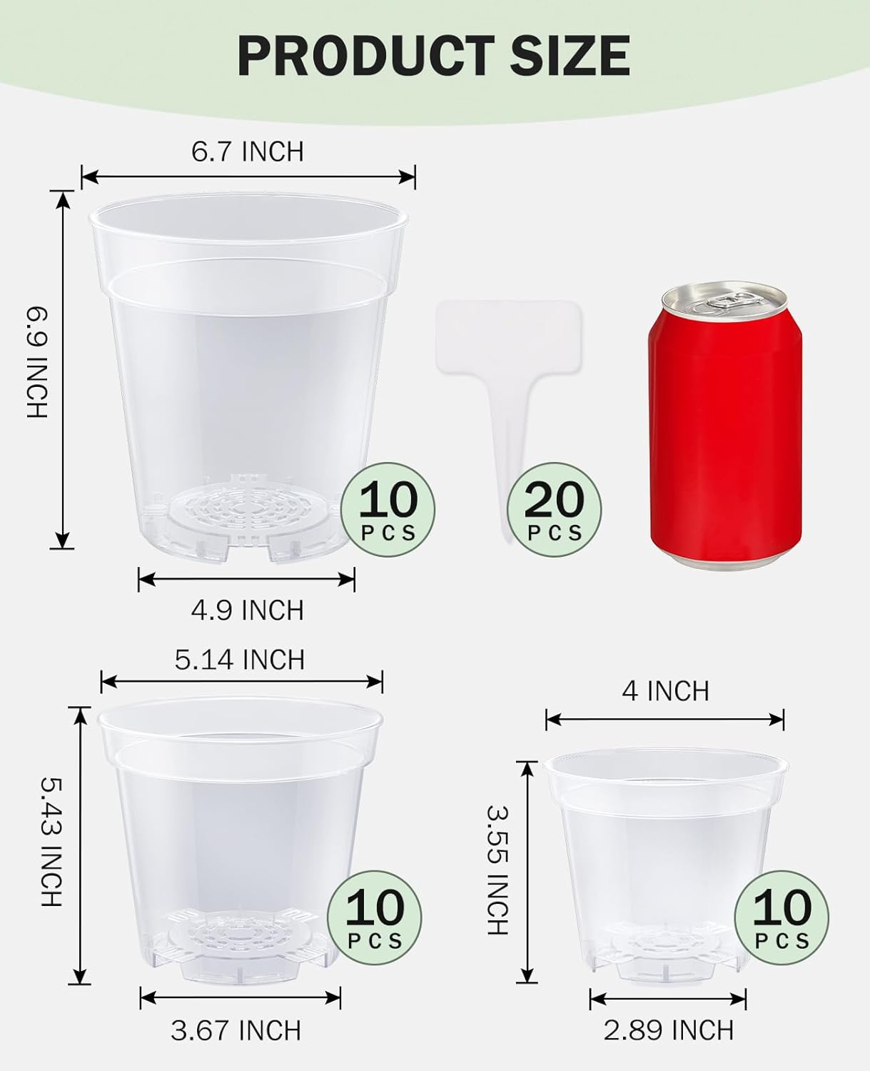 homenote Clear Nursery Pots for Plants,4/5/6.7 Inch Plant Pot for Planting Plastic Seedling Pots with Drainage Holes Seed Starter Pot Flower Pots High Transparency with 20 Plant Labels (30 Pack)