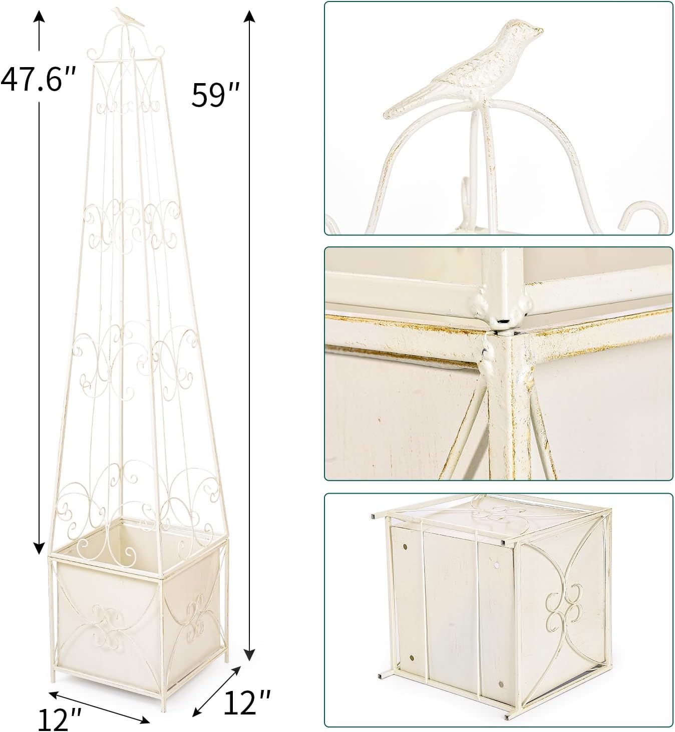 Sungmor 59 Inch Tall Distressed White Garden Obelisk Trellis with Planter Box - Metal Climbing Support for Roses/Clematis/Vines/Ivy, Decorative Outdoor/Indoor Potted Plant Stand Growing Box