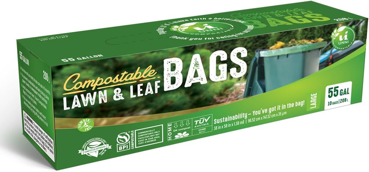 UNNI Compostable Trash Bags, 44-55 Gallon / 208 Liter, 10 Count, Extra Thick 1.38 mil Large Bin Liners for Commercial & Yard Waste, BPI, CMA & OK compost HOME Certified (Meets ASTM D6400)