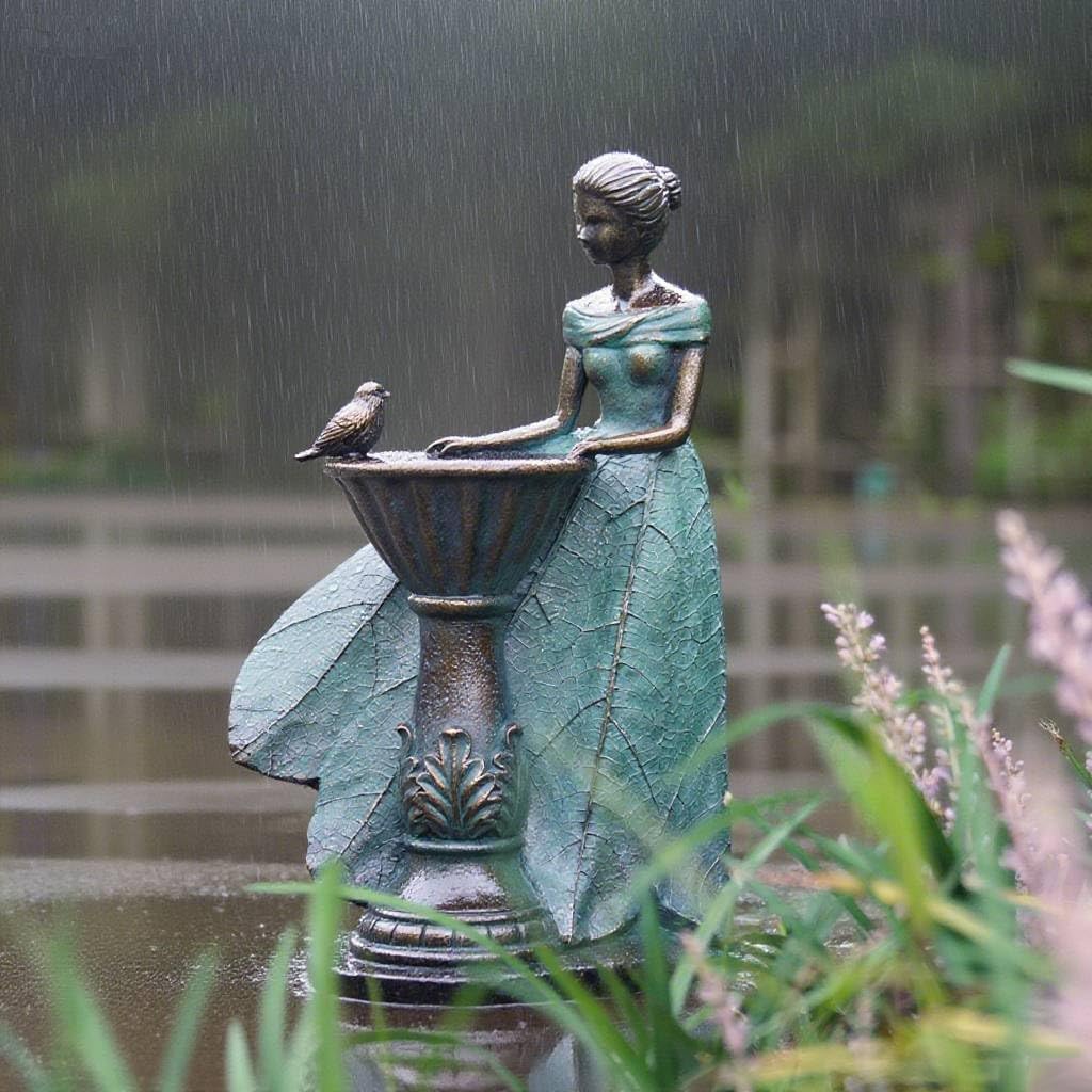 DiliComing Fairy Outdoor-Statues Garden-Decor with Solar - 12 Inch Resin Leaf Girls Birdbath Sculpture Waterproof Outdoor Decor for Patio/Yard, Unique Bird Feeder Figurines Home Decor Gifts for Women