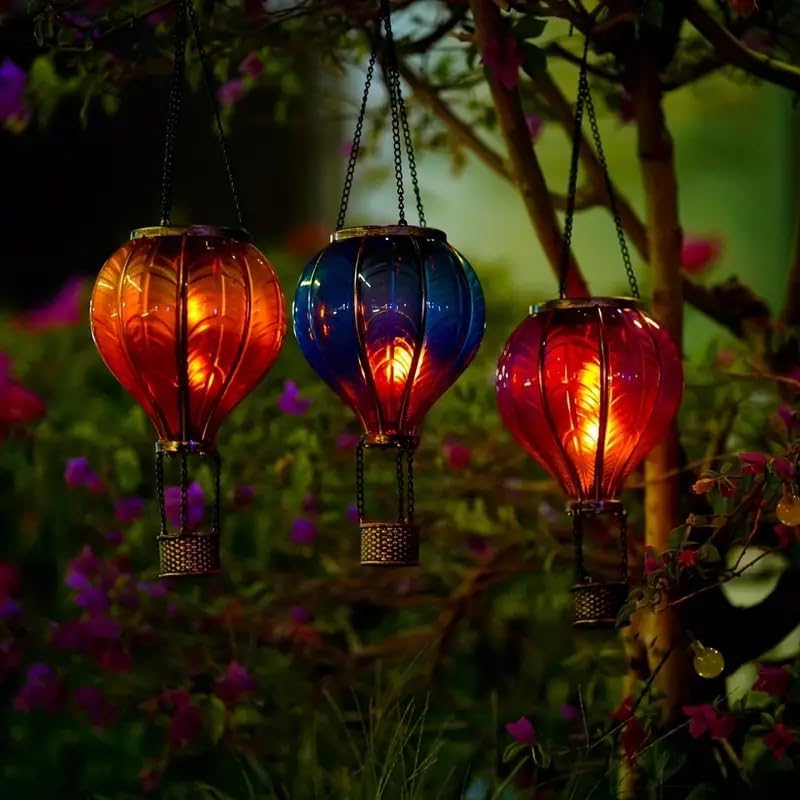 Hot Air Balloon Solar Light Simulated Flame Effect Waterproof Flickering Flame Chandelier for Garden