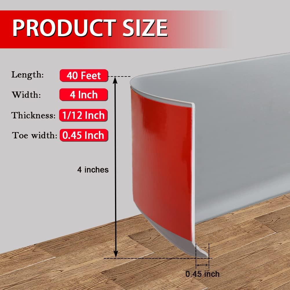 Vinyl Wall Base Baseboard Molding Trim 4" Flexible Self Adhesive Rubber Wall Base Moulding Trim Peel and Stick Design, 4 Inch x 40 Feet, Gray