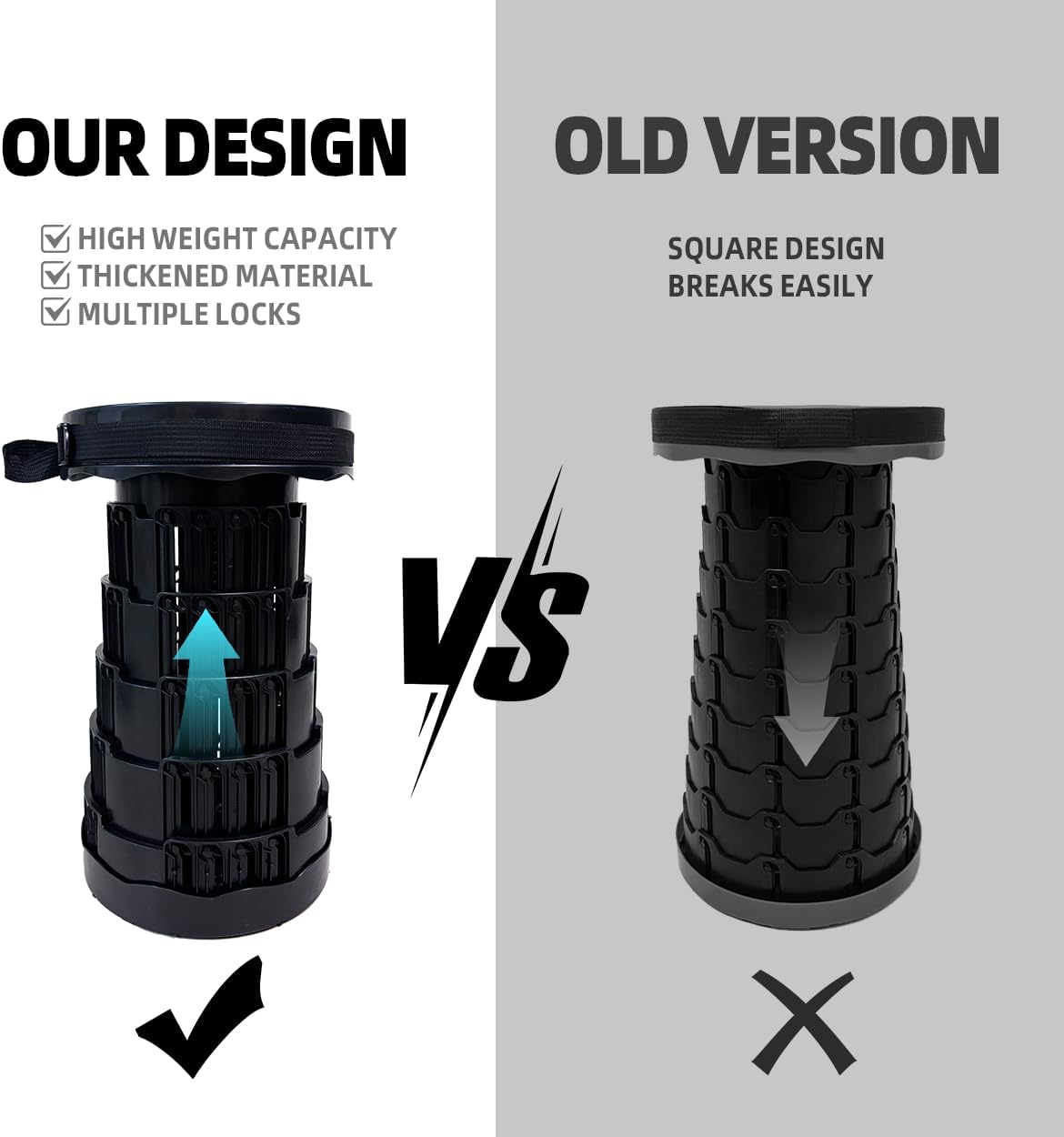 Portable Collapsible Stool - 4 Pillars Large Weight Capacity Travel-Friendly Folding Stool, Easy to Use Lightweight Telescoping Seat for Outdoor Activities, Camping & Hiking (Black)