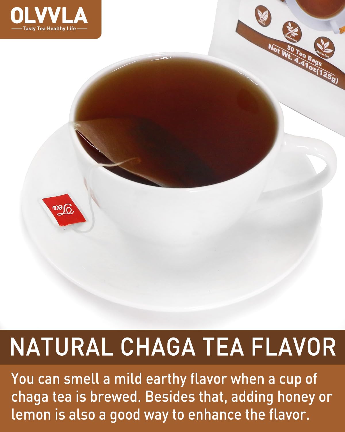 Olvvla - Chaga Tea Bags - 2.5g X 50 Count - 100% Wild Natural Chaga Mushroom Herbal Tea - Sourced from Siberia - Caffeine Free - Gluten-Free - Rich in Antioxidants