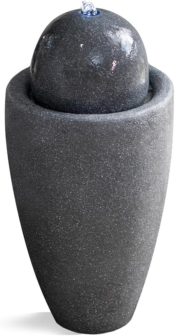 XBrand 25.98" H Round Stone Indoor/Outdoor Modern Stone Textured Sphere Water Fountain w/LED Lights, Ball Fountain Decor, Gray