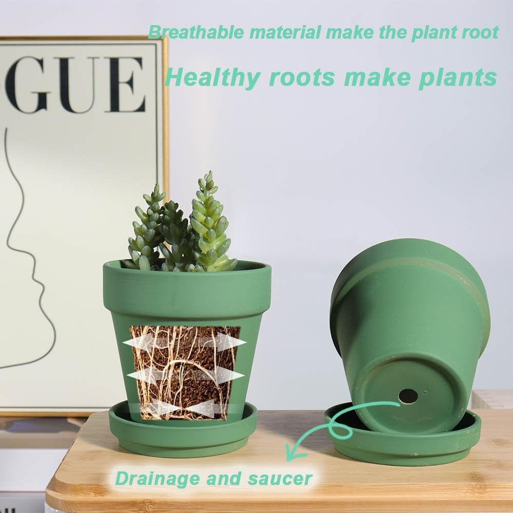 vensovo 6 Inch Green Terracotta & Clay Pots for Plant with Saucer - 4 Pack Medium Terra Cotta Planter with Drainage Hole, Flowerpot for Indoor Outdoor Plants, Crafts, Wedding Favor