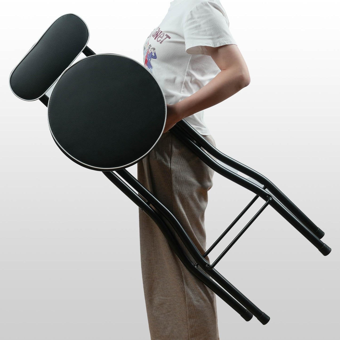 UWEAR 1 PCS Folding Bar Stool with Back, Tall Foldable Stool Leather Padded Portable Stools Counter Height Foldable Stools Chairs Collapsible Stool for Adults Kitchen Island (Black)