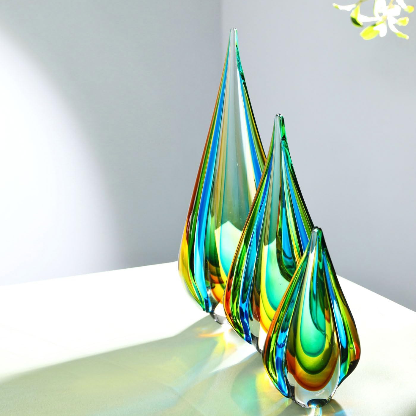 Luxury Lane Hand Blown Green Flame Teardrop Sommerso Art Glass Sculpture for Home Decor 14 inch Tall Centerpiece Table Decoration