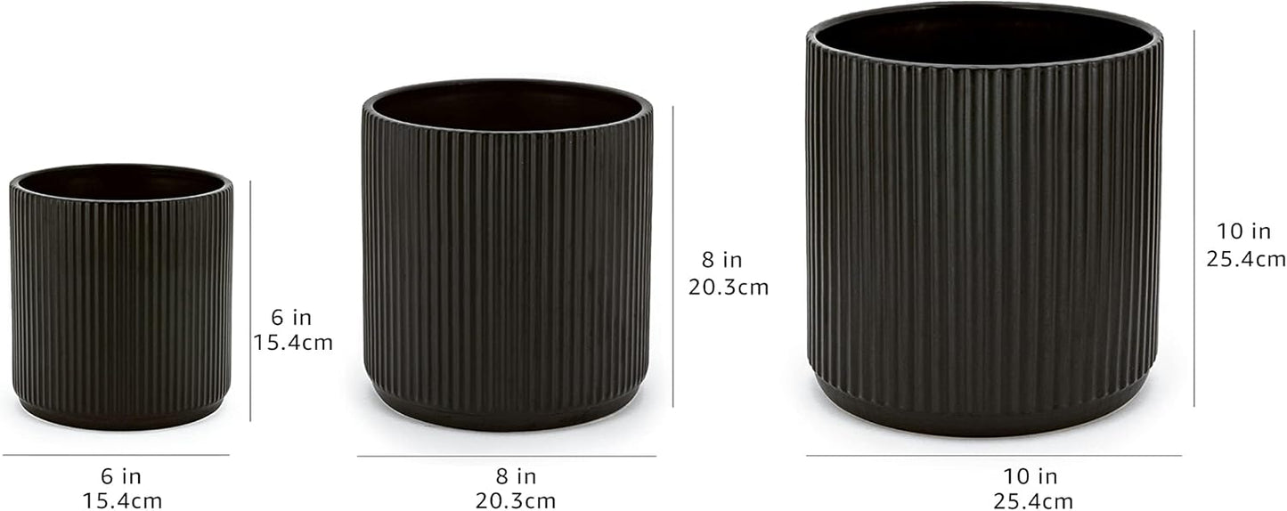 Amazon Basics Assorted Sizes Fluted Ceramic Round Planters, Set of 3, 6 inch, 8 inch, 10 inch, Black