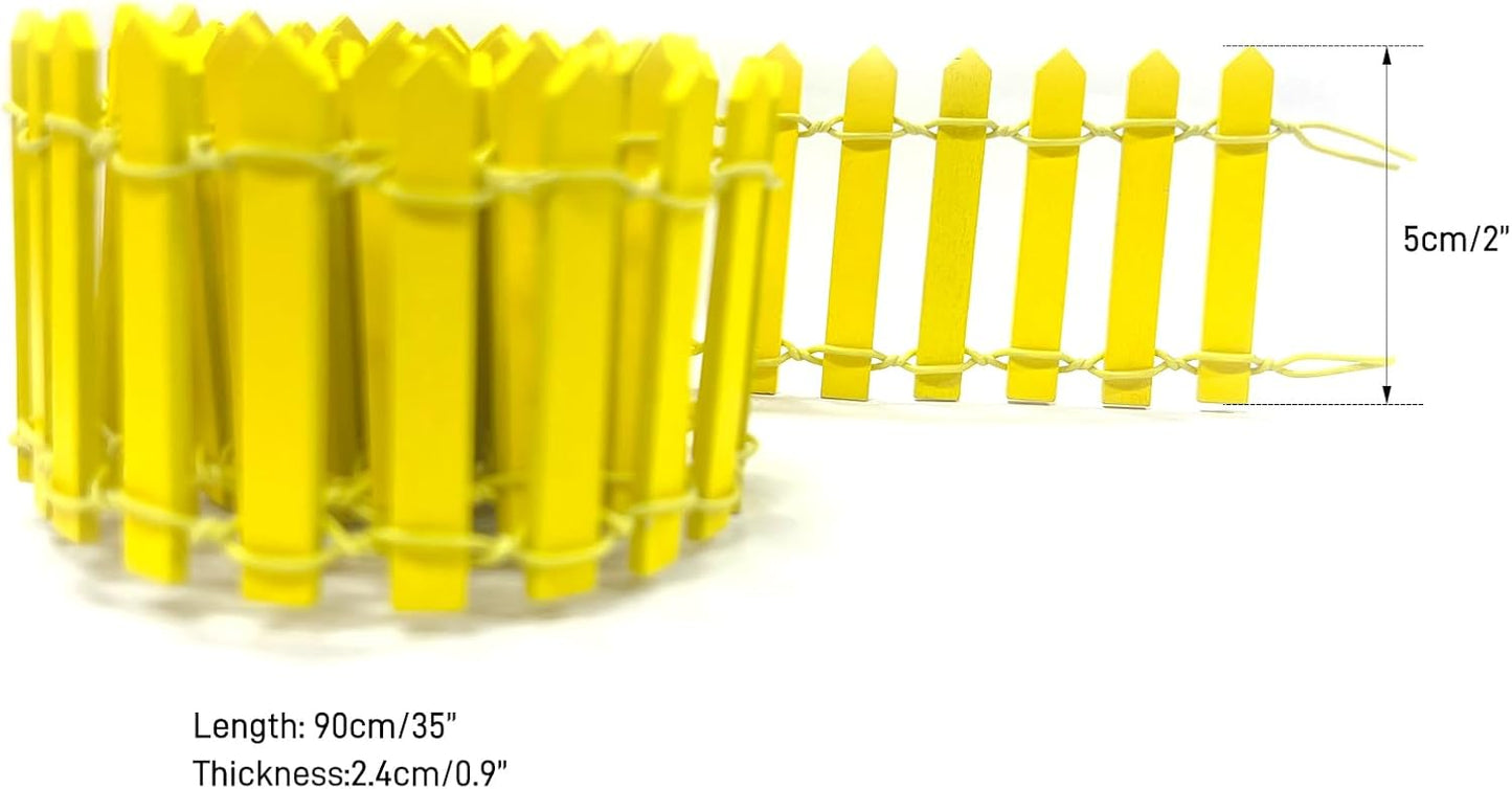 35 Inches Mini Fairy Garden Fence DIY Small Wood Decorative Picket Fence Micro Landscape Miniature Ornaments for Dollhouse, Crafts, Diorama Project, Plant Pot, Yellow