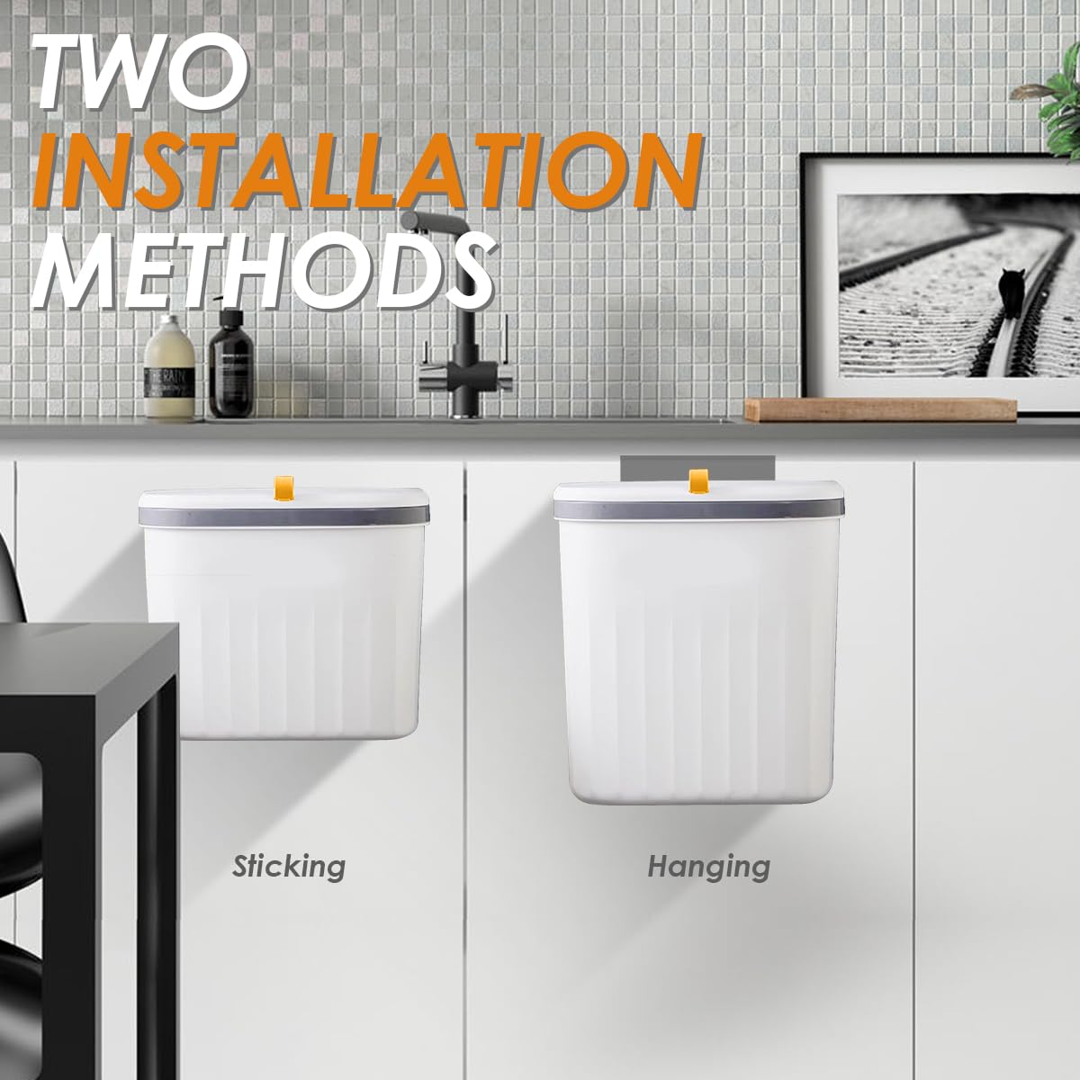 3.3+2.6 Gallon Kitchen Compost Bin for Counter Top or Under Sink, 2-in-1 Combo Pack Kitchen Hanging Trash Can Set with Lid, Plastic Wall-Mounted Garbage Can for Cupboard, Office