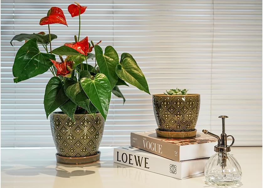 Docrin Ceramic Plant Pots Indoor, 6.6 + 5.5 Inch Planters with Drainage Holes and Saucer for Home/Office - Set of 2 /Dark Green