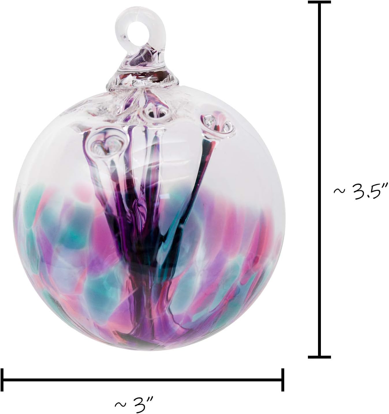 Luke Adams Glass | 3" Mini Glass Tree of Life | Handmade Ornament | Hanging Garden Gazing Ball | Indoor Outdoor Home Décor | (Pink Violet Teal)