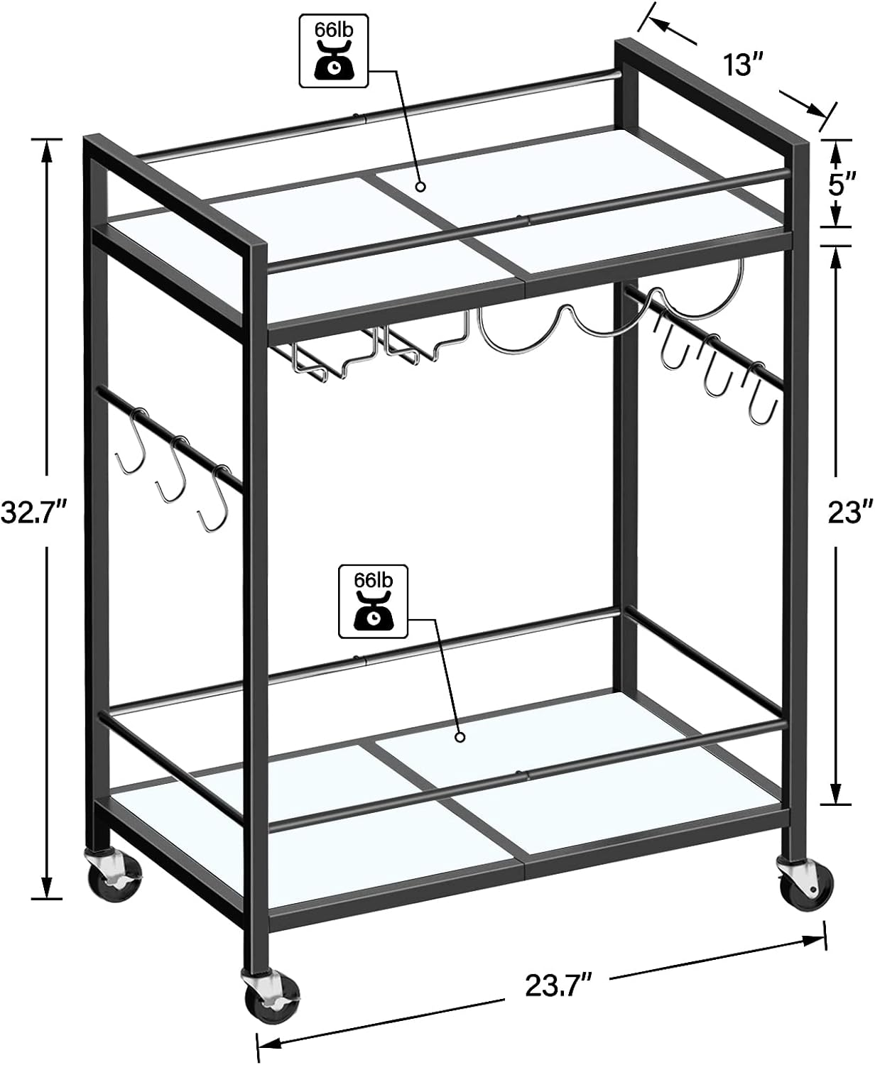TUTOTAK Bar Cart, Serving Cart - for Home, Microwave Cart, Drink Cart, Mobile Kitchen Shelf with Wine Rack and Glass Holder, Rolling Beverage Cart, Black BC01BK031