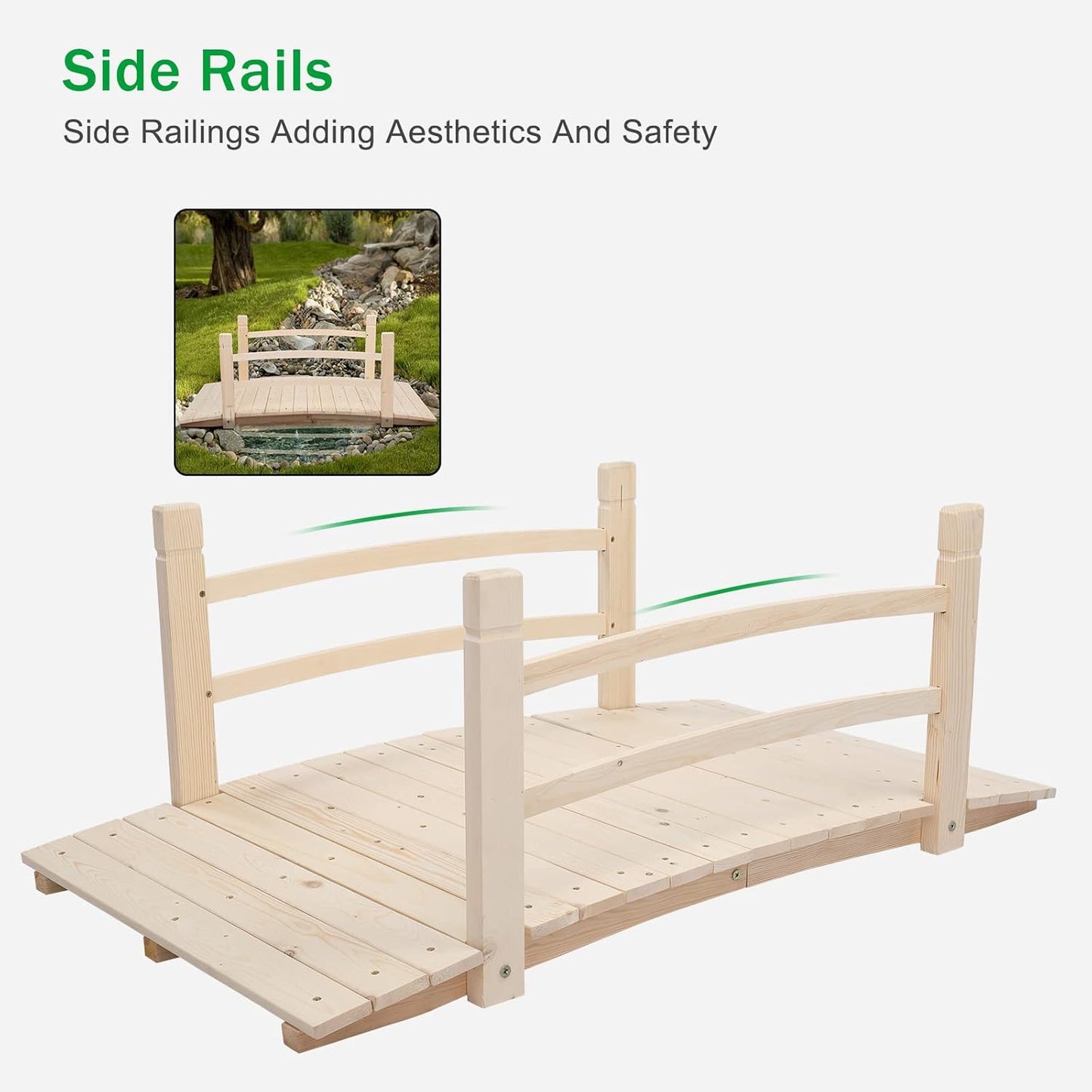 VINGLI 4 ft Garden Bridge, Arch Walkway Wooden Bridge with Safety Rails Natural Finished, Decorative Landscaping Footbridge for Koi Pond, Dry Creek Bed, Garden Pathway or Japanese Zen Decor