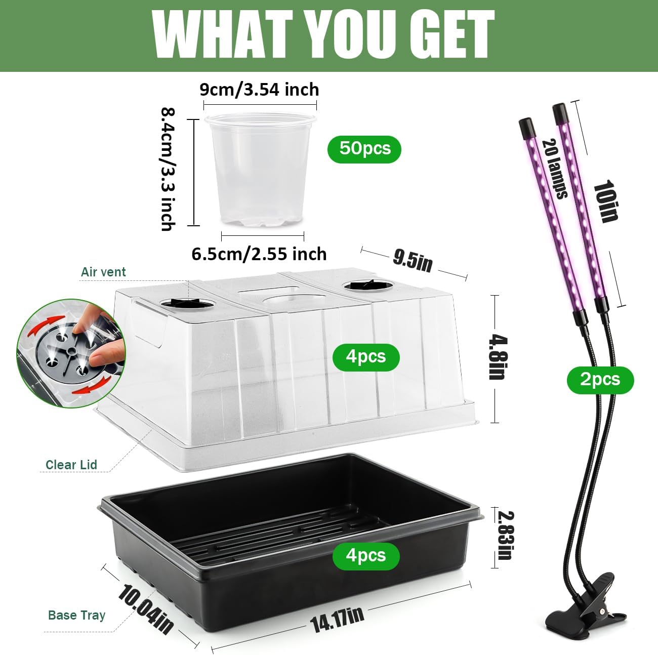 50p 3.5" Clear Nursery Pots with 4p Trays and 2p Adjustable LED Grow Lights – Transparent Plant Pots with Drainage Holes, Complete Seed Starter Kit with 5" Tall Humidity Dome for Plant Propagation