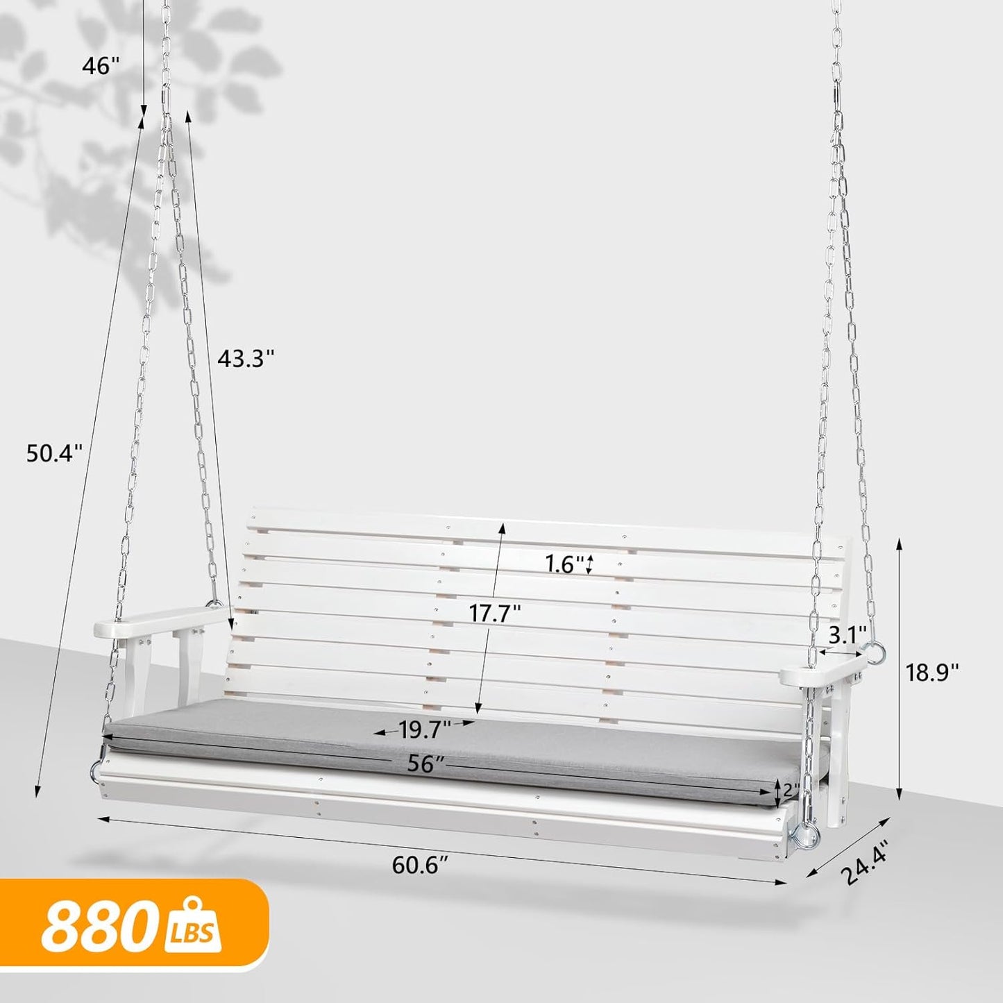 VINGLI Heavy Duty 880 LBS Patio Wooden Porch Swing Outdoor with Extra Cushion, Farmhouse Hanging Bench Tree Swing with Adjustable Chains for Yard | Garden | Lawn | Balcony (5 FT, White)