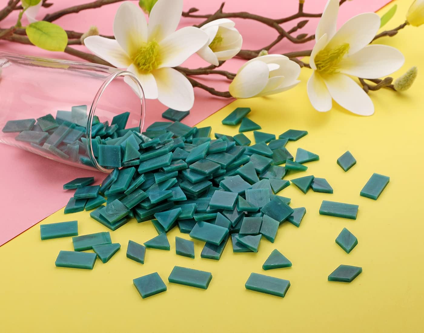 Lanyani 200 Mixed Color Glass Mosaic Tiles - 4 Shapes, Tiffany Stained Glass Pieces for Crafts, Turquoise