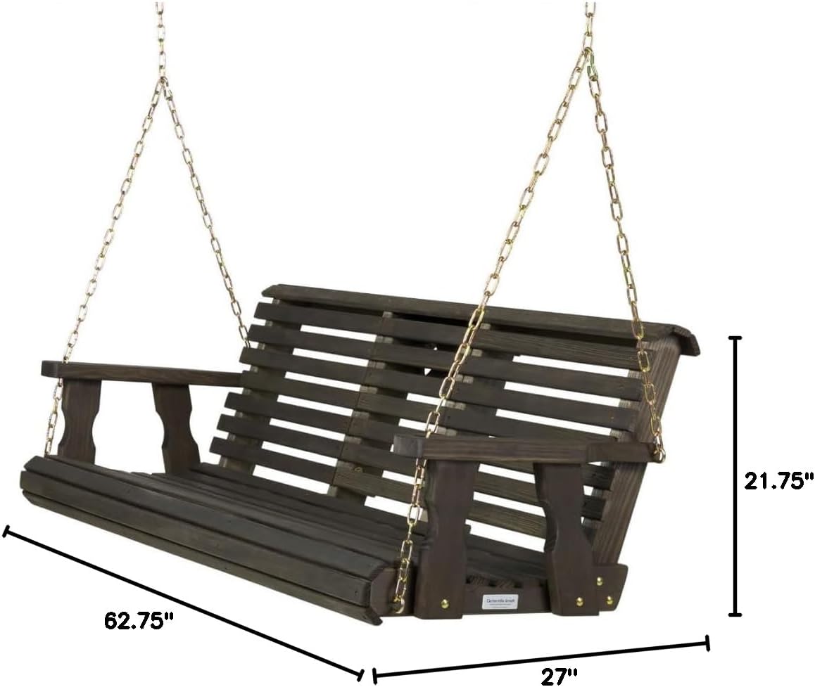 Porchgate Amish Heavy Duty Console Porch Swing with Fold Down Cup Holders in Dark Walnut Stain - Amish Made in The USA from Treated Pine, Hanging Chains Included