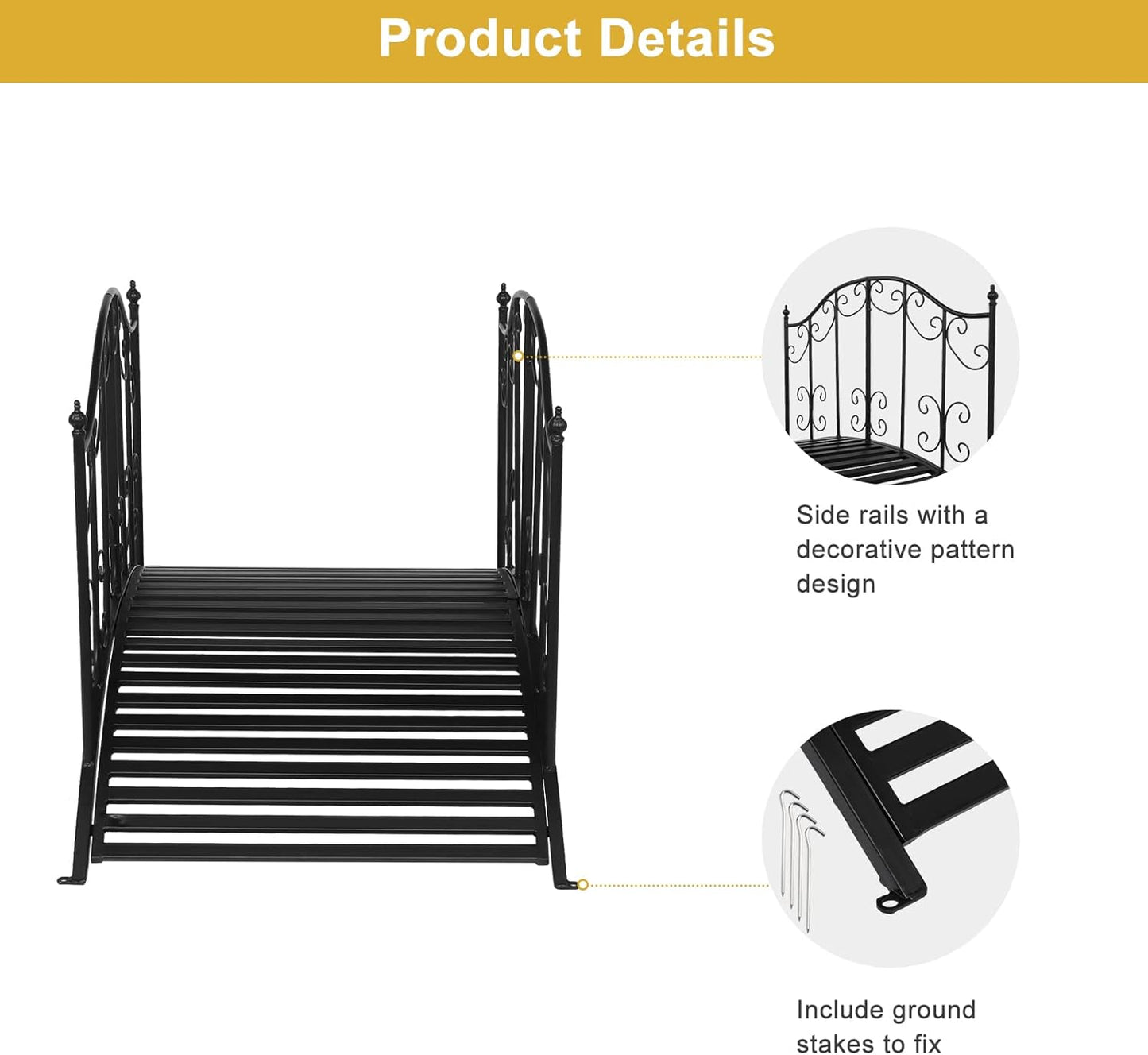 VINGLI Garden Bridge Metal Yard Arch Path Bridge with Patterned Guardrails, Ourdoor Decorative Black Iron Foot Bridge for Pond and Backyard Landscaping-4FT