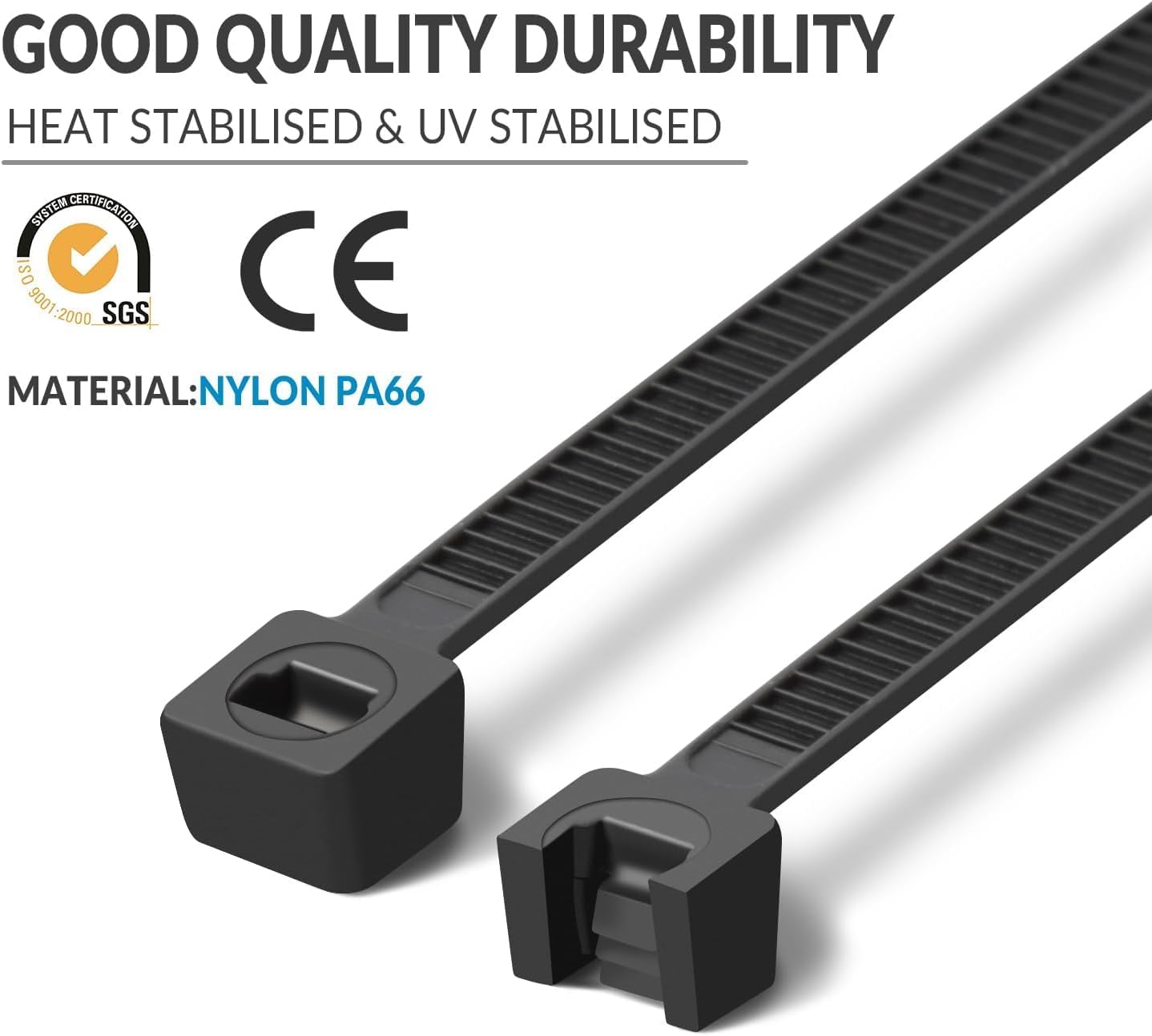 XINGO 1000 PCS Black Zip Ties 8 Inch, 60 LBS Tensile Strength, Self-Locking Nylon Plastic Nylon PA66 Wire Ties for Indoor and Outdoor Use