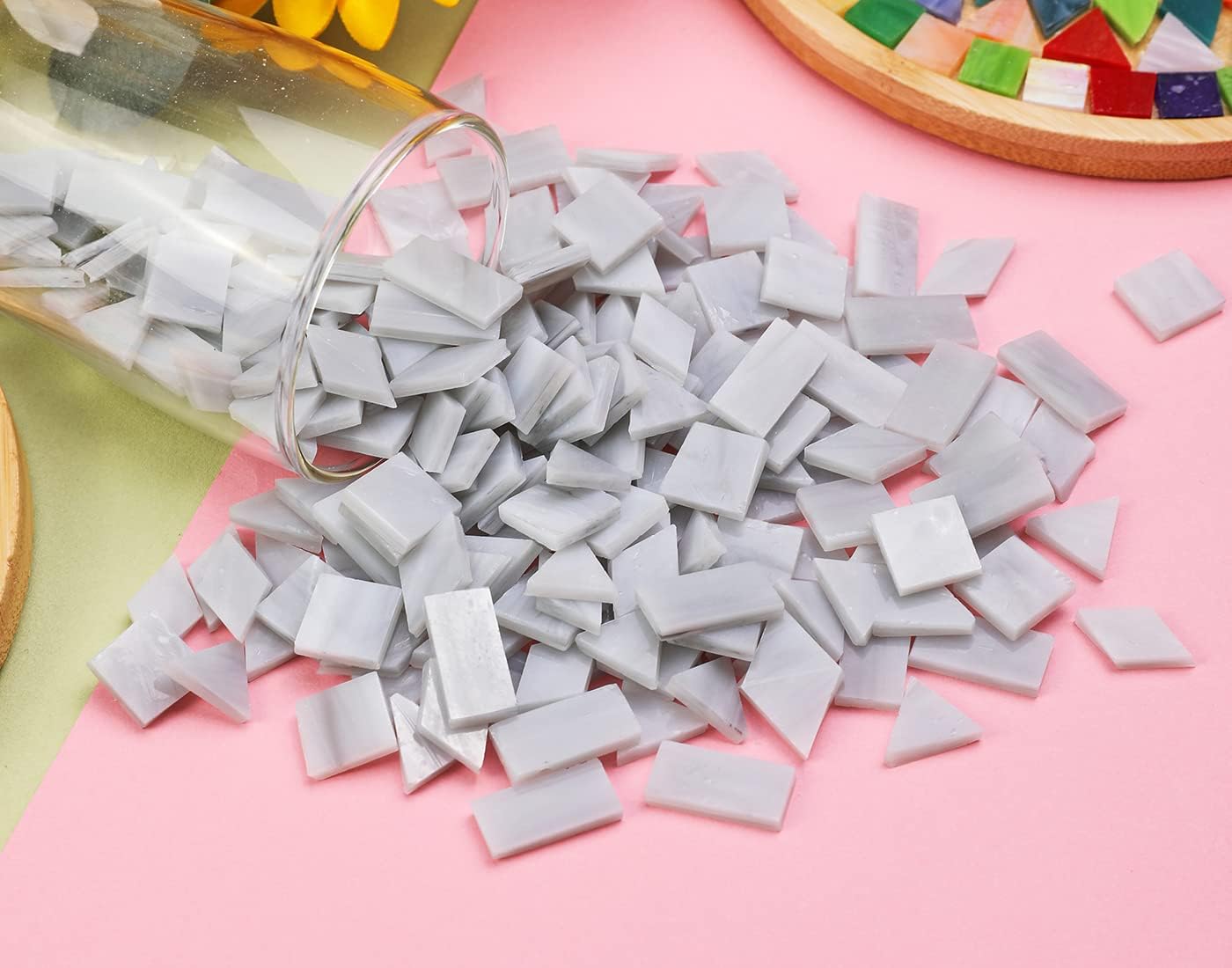 Lanyani 200 Pieces Glass Mosaic Tiles, 4-Shapes Mixed Stained Glass Pieces Tile for Crafts,Light Grey