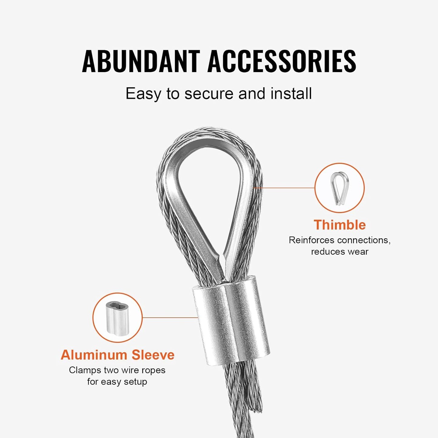 VEVOR 1/8 Stainless Steel Cable, 1/8 Wire Rope, 100 FT 316 Cable Wire 20 Sleeves & 10 Thimbles, 1600 lbs Breaking Strength, 7x7 Strands Marine Aircraft Grade for Handrail Stair Decking Fence Outdoors