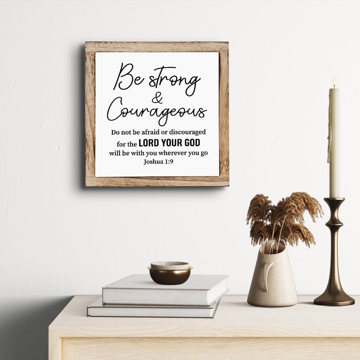 Scripture Be Strong and Courageous Wooden Plaque Box Sign, Inspirational Wood Art, Christian Home Decor for Living Room, Motivational Desk Gift