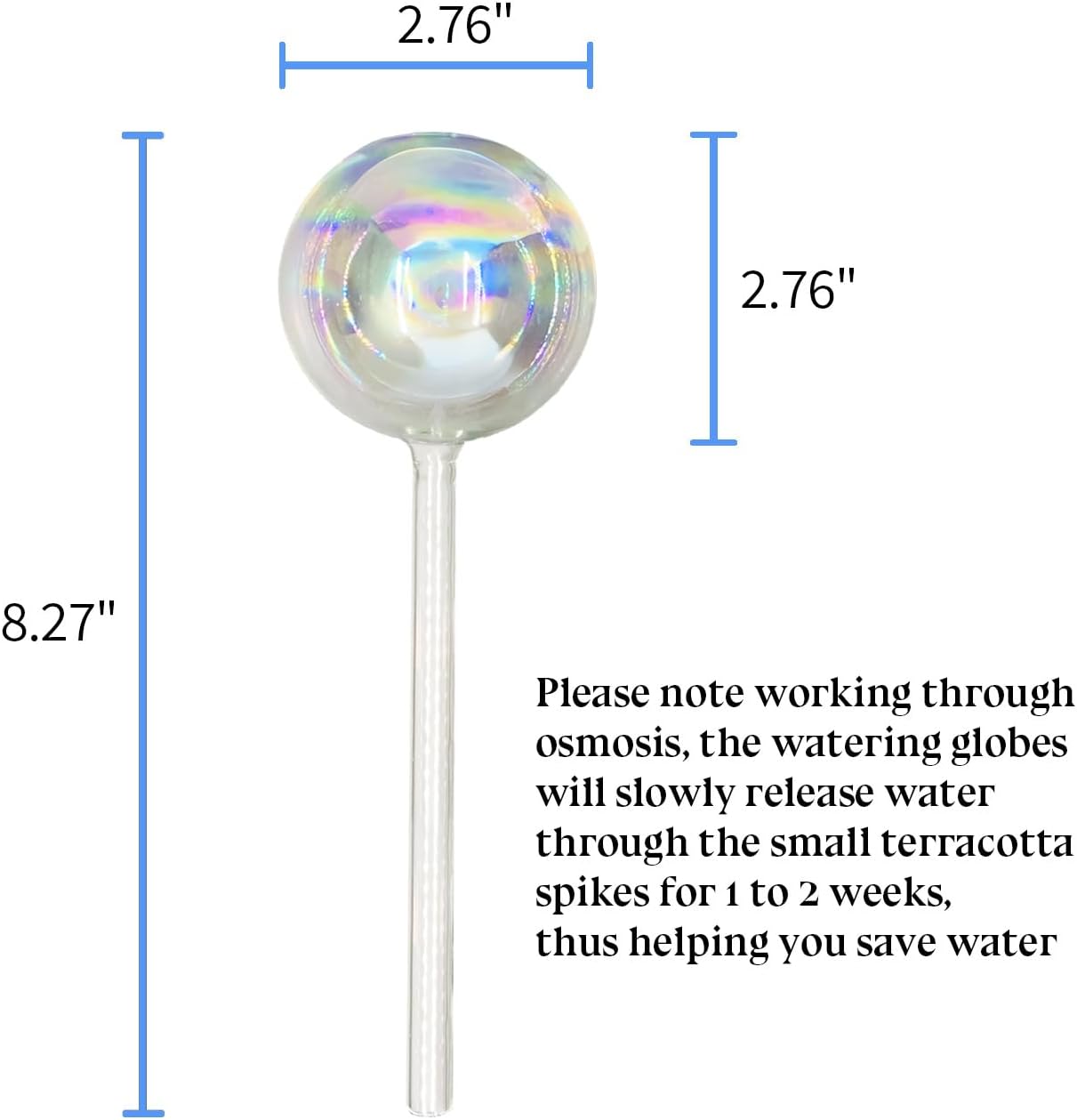 2 Pack Non-Clogging Iridescent Ball Plant Watering Globes with Terracotta Spikes, Hand Blown Glass Self Watering Planter Insert Plant Watering Devices Bulbs for Indoor and Outdoor Plants