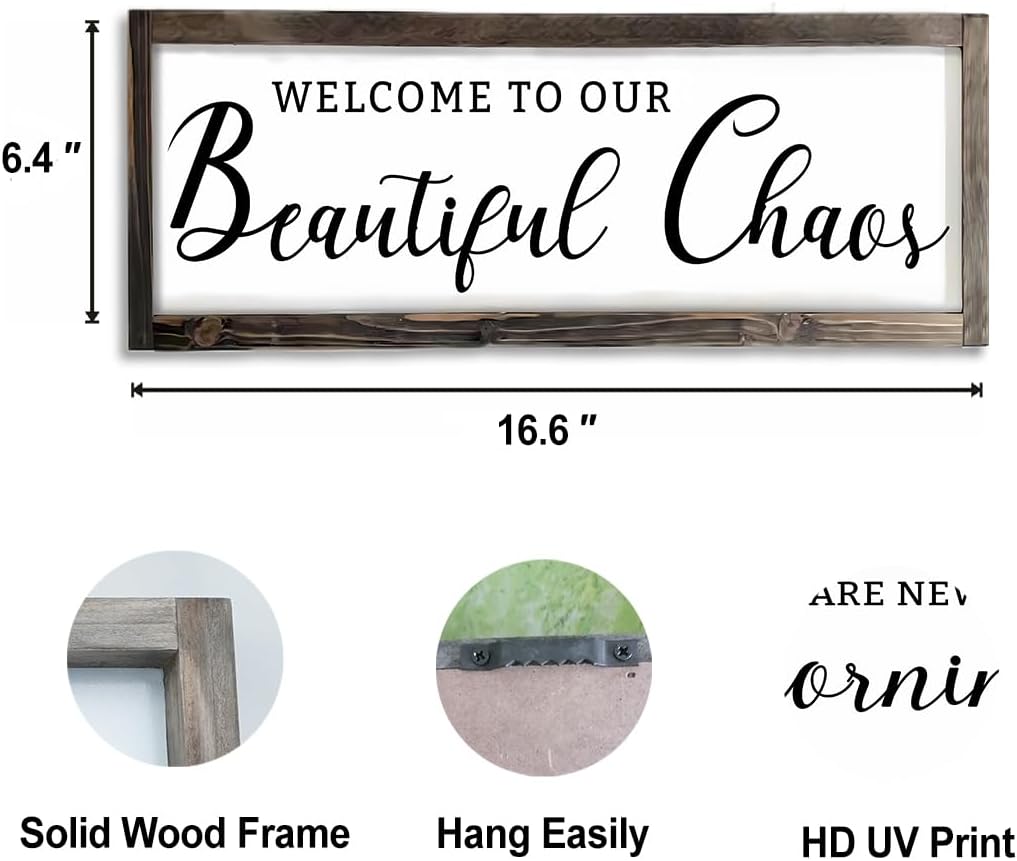 Dazingart Welcome To Our Beautiful Chaos Sign, Farmhouse Wood Sign, Framed Home and Living Room Decor Housewarming Gift Spring Home Decor (Beautiful Chaos)