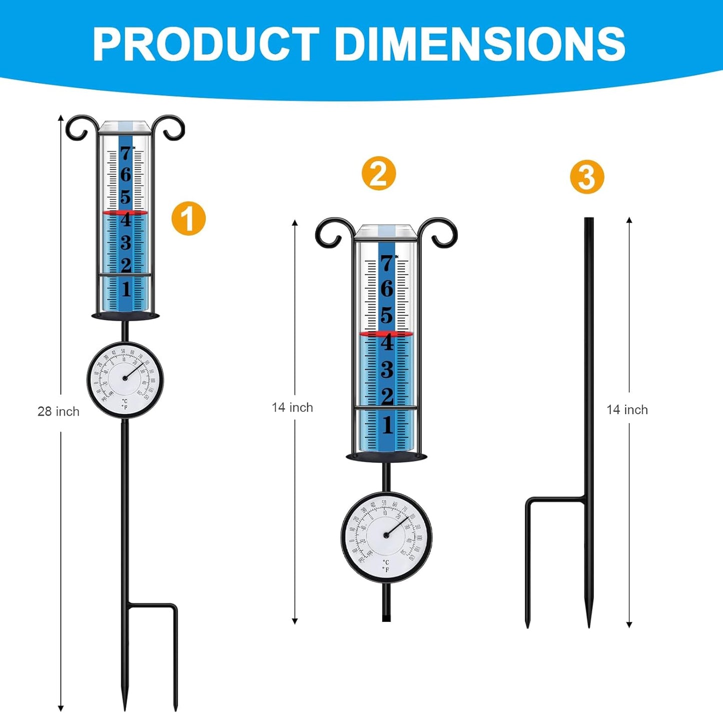 JMBay Rain Gauge Outdoor with Thermometer, Rain Gauges Outdoors Best Rated, Large Font Rain Measure Gauge for Yard, Rain Water Meter with Thickened Plastic Tube and Duralbe Metal Stake for Patio,Lawn