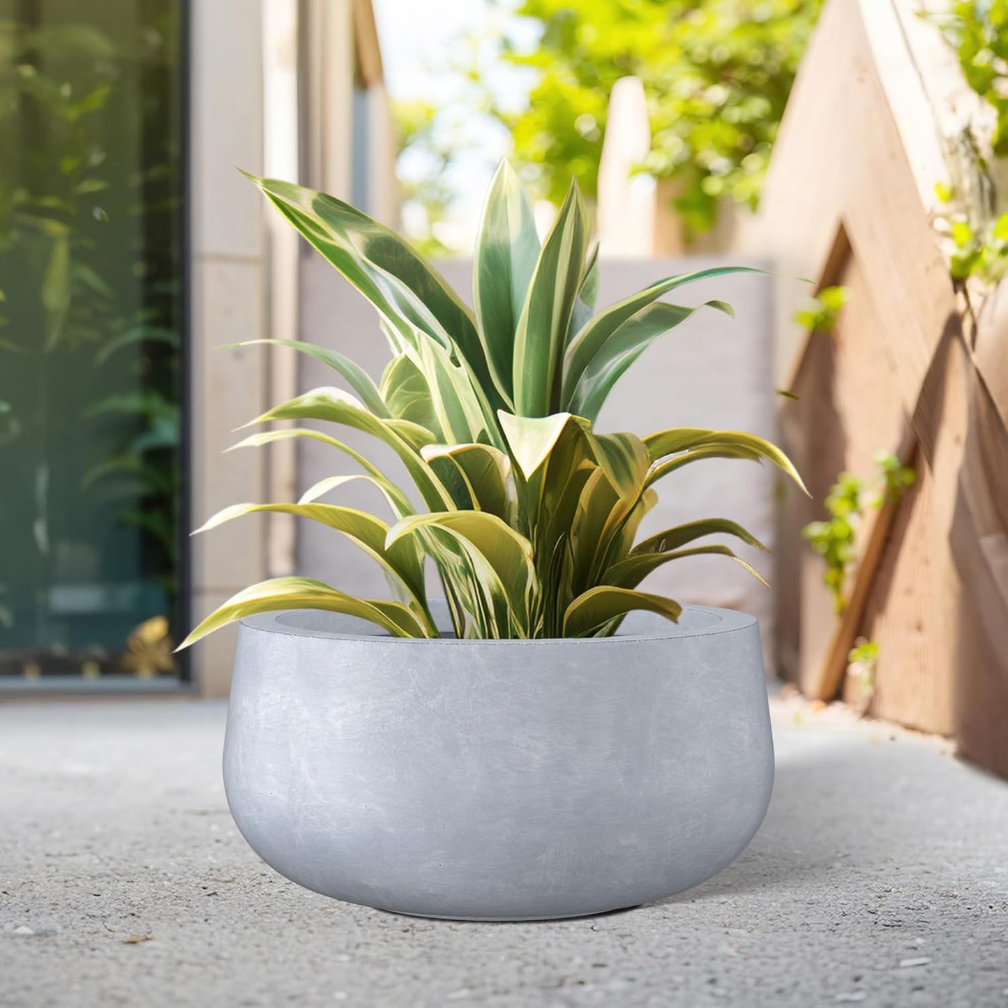 Kante 15.7" Dia Round Concrete Planter, Cement Plant Pots with Drainage Hole and Rubber Plug for Outdoor Indoor Garden Home, Modern Curvaceous Design, Gray