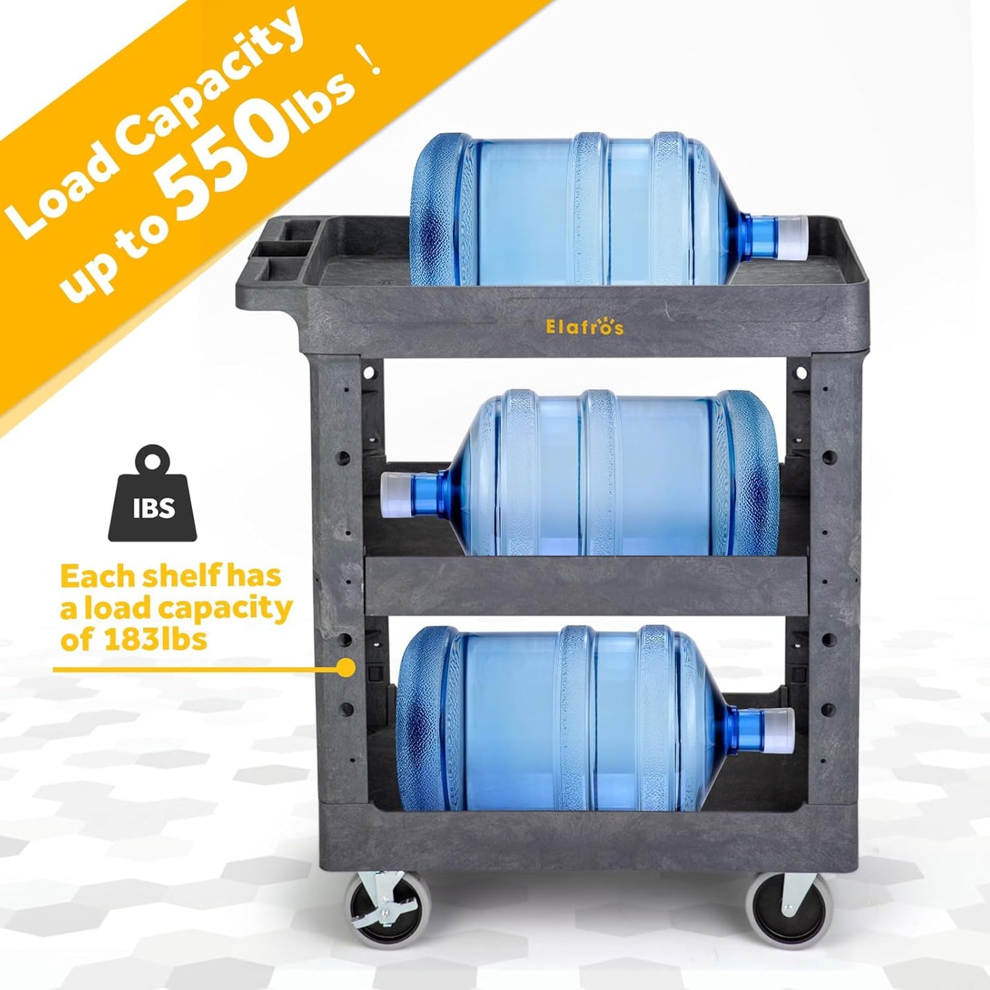 ELAFROS 3 Shelf Heavy Duty Plastic Utility Cart 34 x 17 x 38.5 Inch - Work Cart with Full Swivel Wheels Deep Shelves and Safely Holds up to 550 lbs - 3 Tier Service Cart Tool cart, Gray