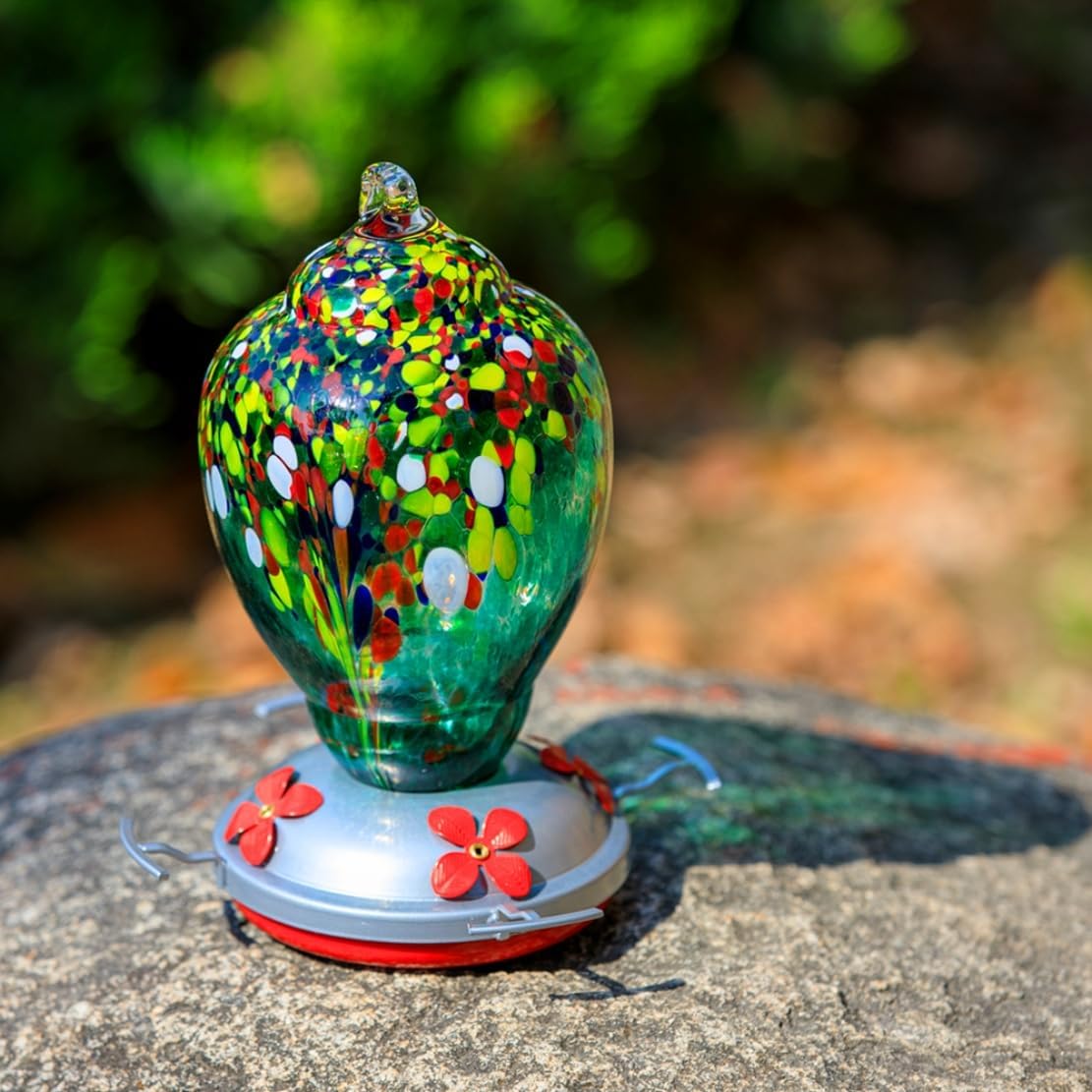 WOSIBO Hummingbird Feeder for Outdoors Patio Large 32 Ounces Colorful Hand Blown Glass Hummingbird Feeder with Ant Moat Hanging Hook, Rope, Brush and Service Card (Green)