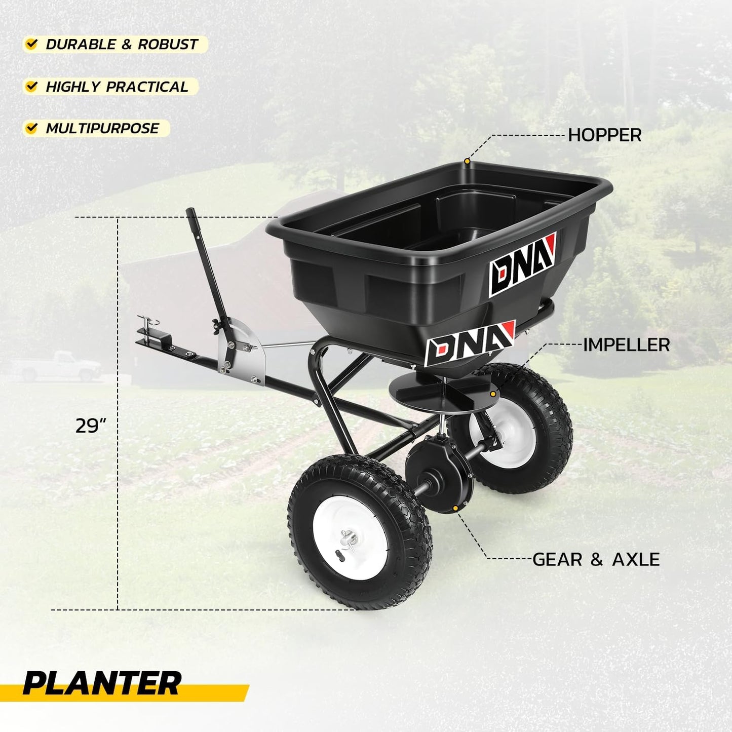 DNA MOTORING Tow Behind Broadcast Spreader, 125 LB / 60L Capacity, Multi Use Tool for Fertilizer, Grass Seed, Salt, Ice Melt, Lawn and Garden Seeder, with Wheels, with Wheels, TOOLS-00612