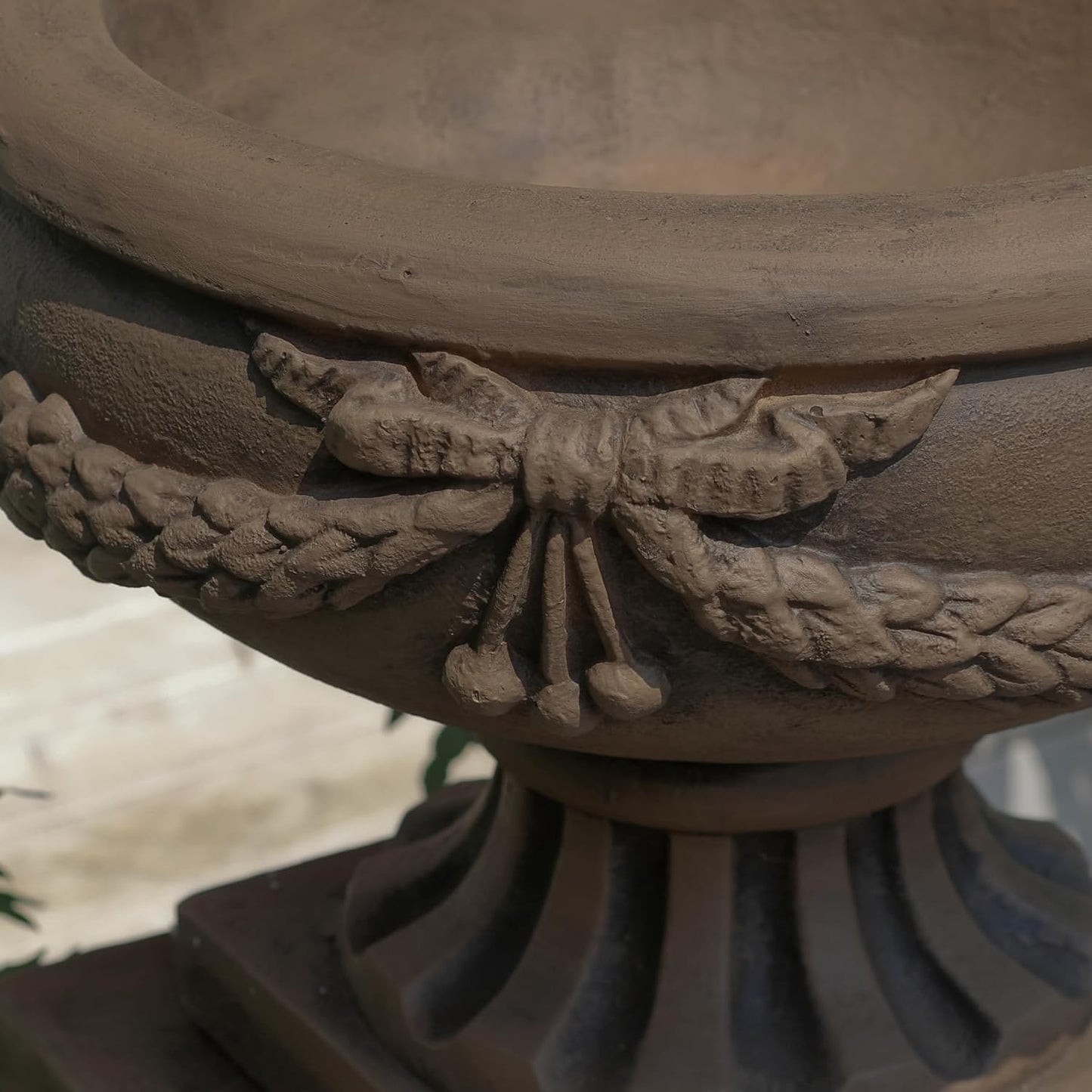 Vintage Garden Urn Planter with Pedestal, Cement and Fiber, Maked Bronze Color, Decorative Leaf Pattern, 30 Inch Height, Wrap Foam Safely Delivered from Local Warehouse (Bronze)