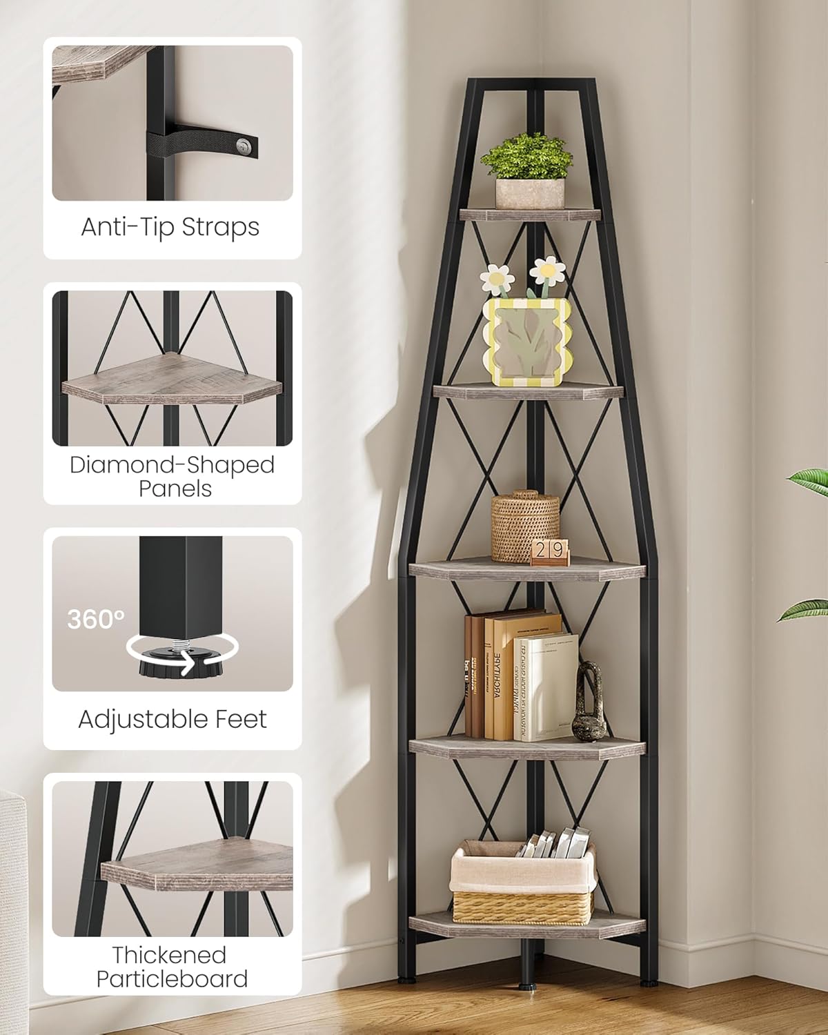 5-Tier Corner Shelf, Corner Bookshelf, Ladder Shelf, Floor Standing Storage Rack, Open Display Stand, Plant Stand, for Living Room, Bedroom, Study, Bathroom, Greige and Black TCJ22BG