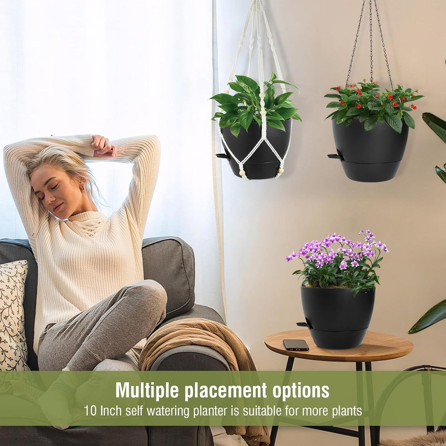 10 inch Self Watering Hanging Planters, 2 Pack Hanging Baskets for Indoor Outdoor Plants, Hanging Flower Pots with Drainage Holes & 2 Kinds of Plant Hangers for Garden Home Decor, Black