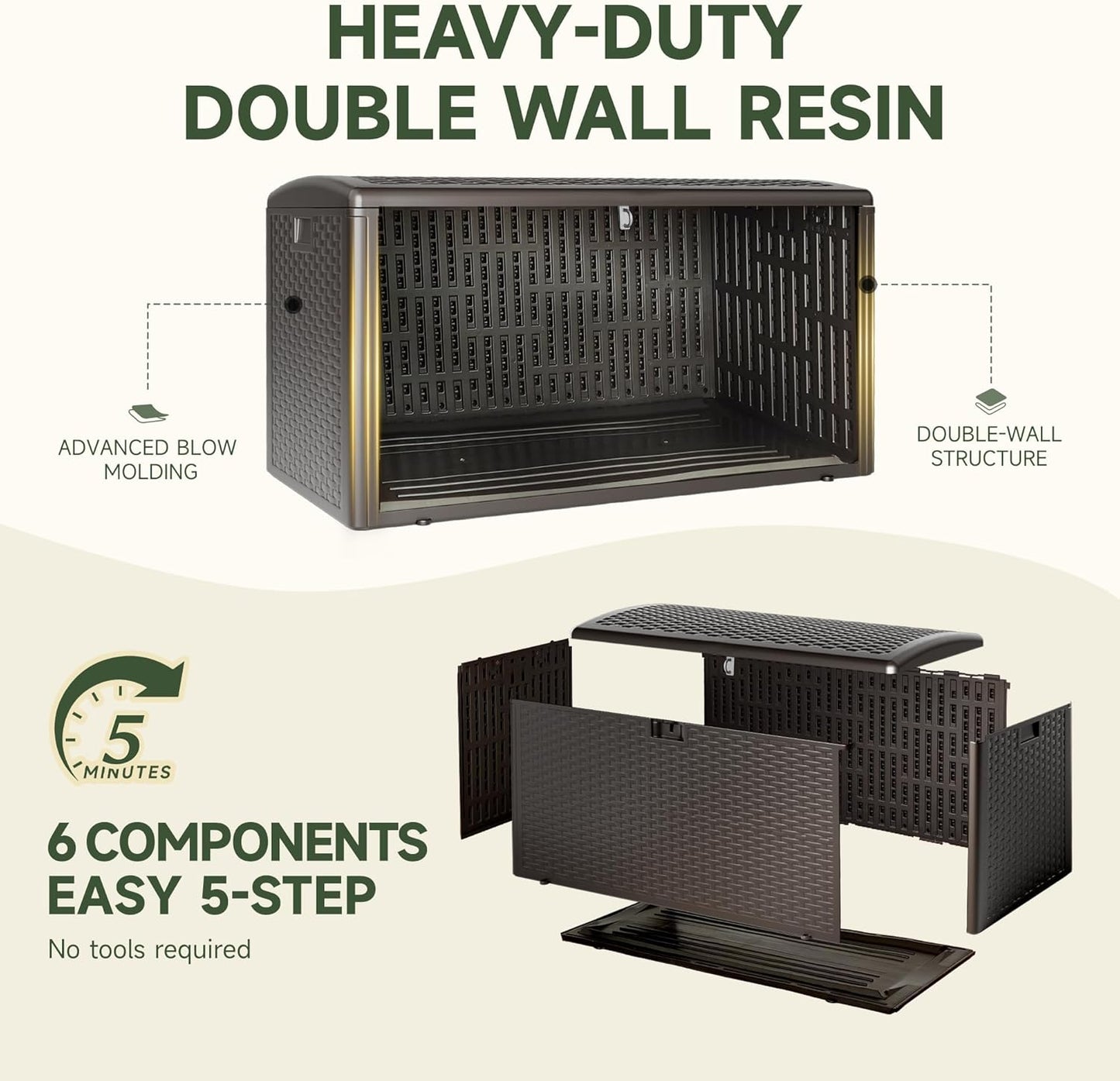 73-Gallon Resin Deck Box, Secure All-Weather Waterproof and UV-Resistant Storage for Patio, Garden, and Pool Equipment (Brown)