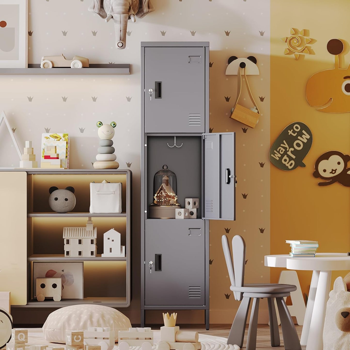 Metal Locker with Hooks and Ventilation Holes,Metal Storage Locker with Keys and Business Card Slot for Home,Gym,Garage,School,Office,66" H×15.75" W× 15.75" D,Assembly Required,Dark Grey