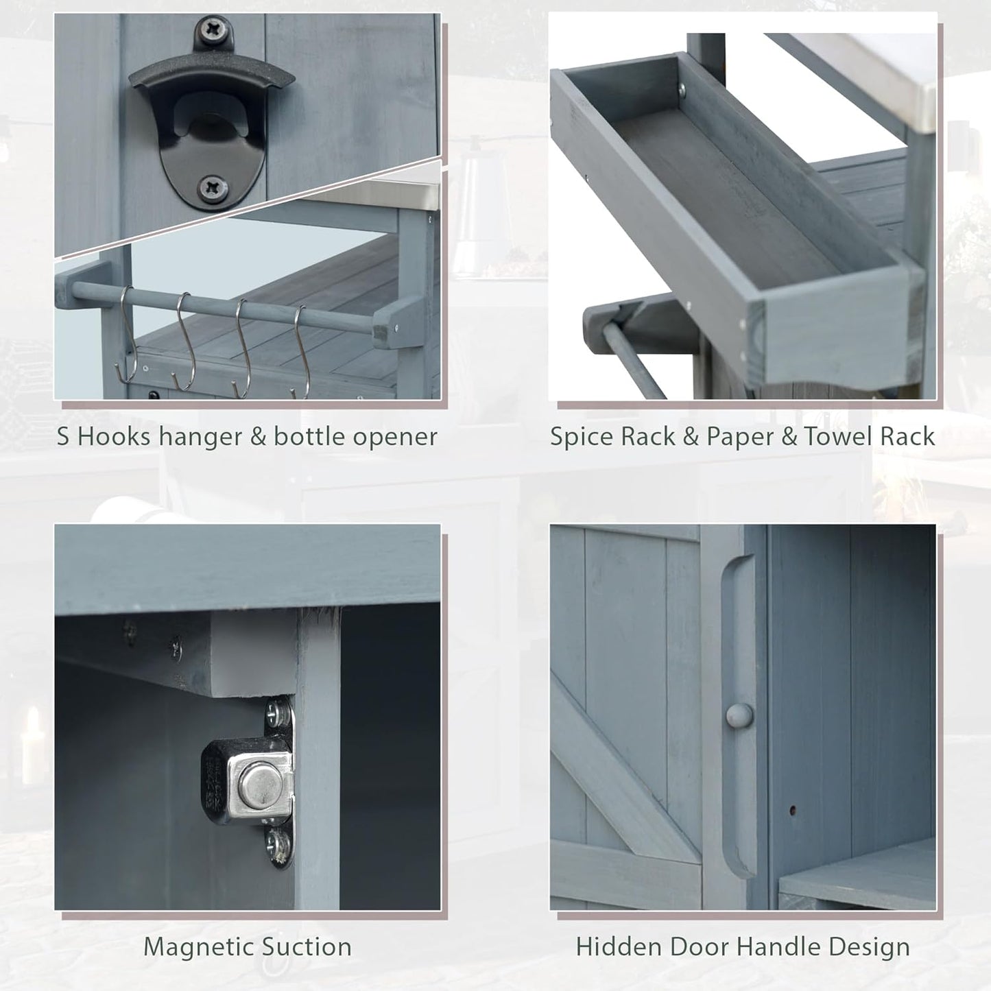 Outdoor Grill Carts for Patio Graden BBQ with Storage Cabinet, Home Rolling Kitchen Island Bar Cart with Stainless Steel Top, Food Prep Table with Shelves, Spice Rack & Towel Holder (Grey Blue)